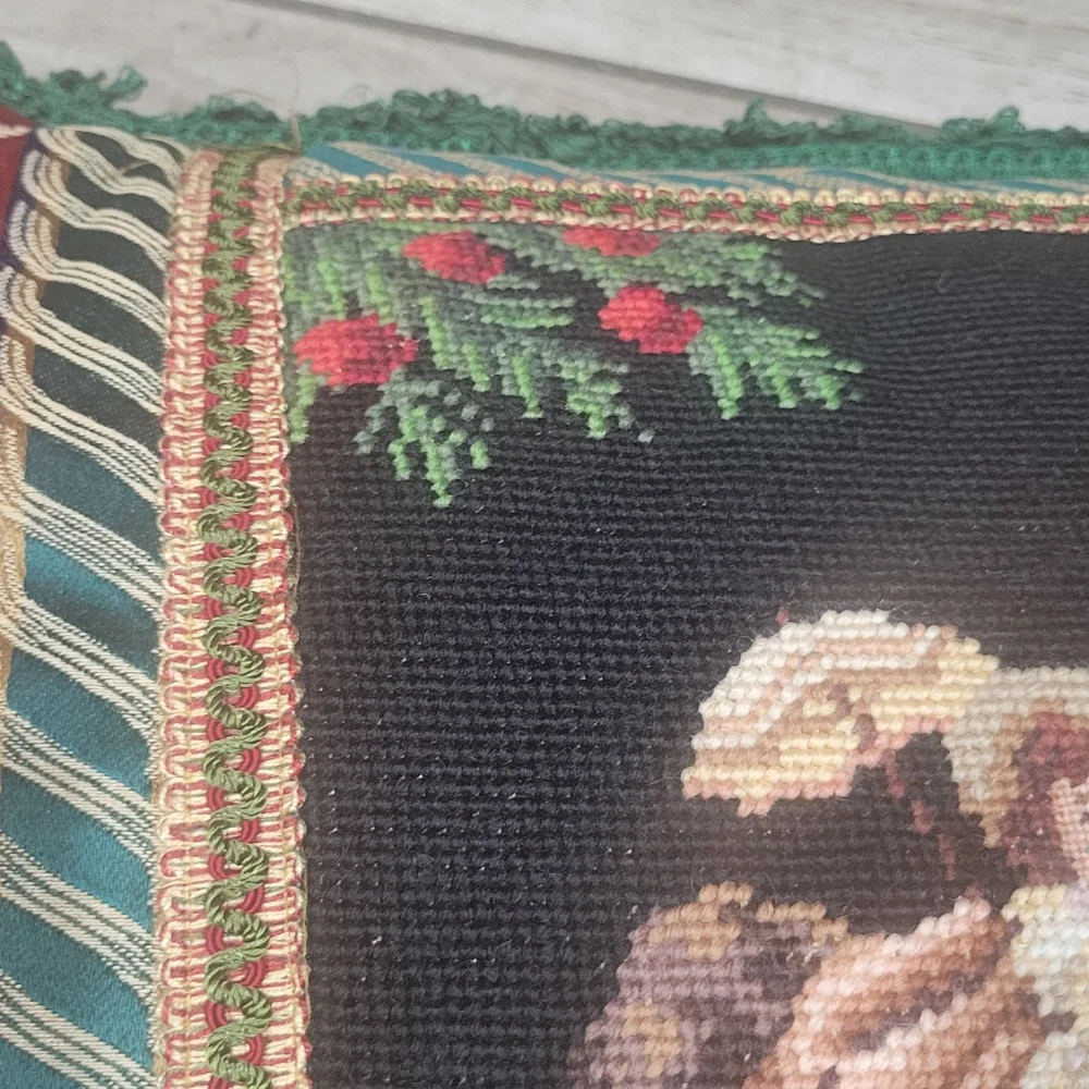 Vintage Santa Claus with Dolls Large needpoint pillow very full velvet backing